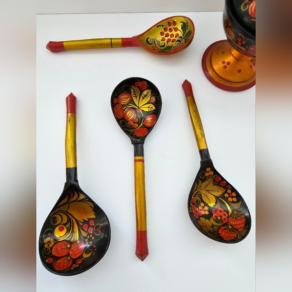 KHOKHLOMA Wooden Spoon Hand Painted RUSSIAN Lacquer Black Red & Gold Lot(8) - Picture 12 of 14